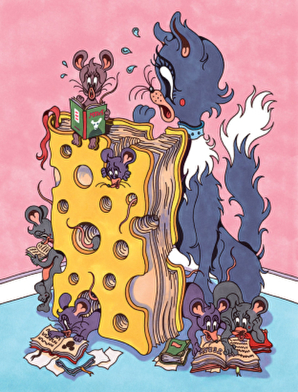 Illustration de Tom & Jerry avec un fromage en forme de livre par Mathias Martinez