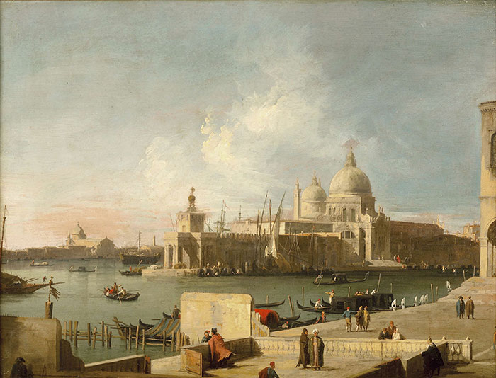 Vue de l'église de la Salute depuis l'entrée du Grand Canal - Giovanni Antonio Canal dit Canaletto , Peintre, vers 1727, Italie