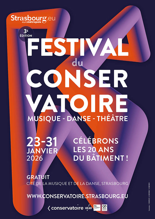 Festival du conservatoire, musique - danse - théâtre. (3e édition) Du 23 au 31 janvier 2026. Célébrons les 20 ans du bâtiment ! gratuit. Cité de la musique et de la danse, Strasbourg.