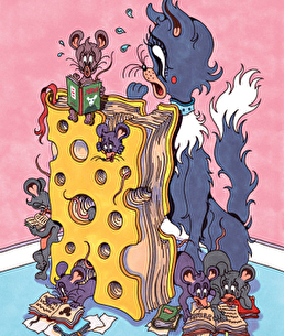 Illustration de Tom & Jerry avec un fromage en forme de livre par Mathias Martinez
